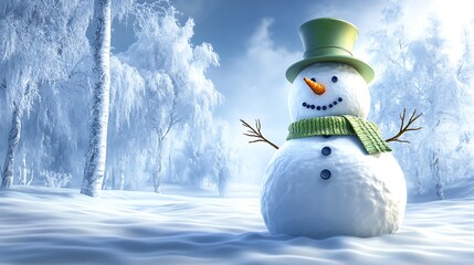 Obraz premium A snowman nestled between two large snow-covered trees in a serene forest clearing, with mist rising from the ground. The snowman wears a green scarf and top hat,