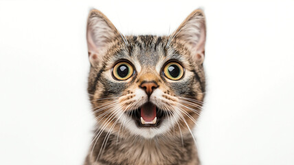 A studio portrait capturing the face of a funny and excited orange cat, showing a shocked or surprised expression.