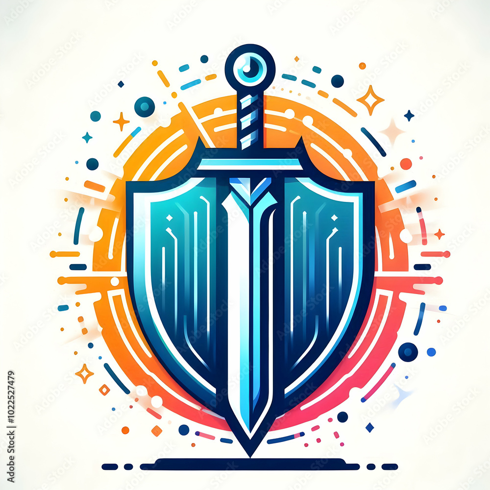 Poster flat glowing holographic sword and shield vector - modern design with ample copy space for hari pahl
