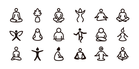 Obraz premium Yoga Icons set Hand draw, Yoga icon vector line art, Yoga icon set black Silhouette vector illustration