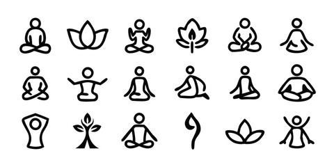 Yoga Icons set Hand draw, Yoga icon vector line art, Yoga icon set black Silhouette vector illustration