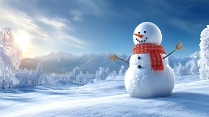 A snowman on a snow-covered hill, with the vast valley below covered in untouched snow. The snowman has a red scarf and twig arms, with one arm holding a small broom. The morning sun is rising,