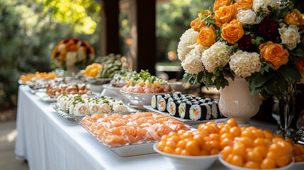 sushi and sashimi spread elegantly arranged on a catering table, inviting guests with its fresh and colorful presentation, symbolizing hospitality, luxury, and cultural fusion