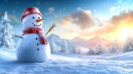 Obraz premium A snowman on a snow-covered hill, with the vast valley below covered in untouched snow. The snowman has a red scarf and twig arms, with one arm holding a small broom. The morning sun is rising,