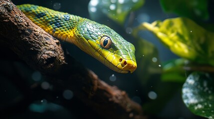 A green snake with yellow markings on its head is perched on a branch, looking out at the viewer, with green foliage and water droplets in the background.