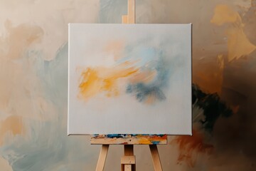 Abstract canvas painting on easel with colorful brushstrokes