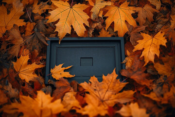 A time capsule box is partially buried under a pile of vibrant orange maple leaves, with only the top of the box visible through the leaves. 