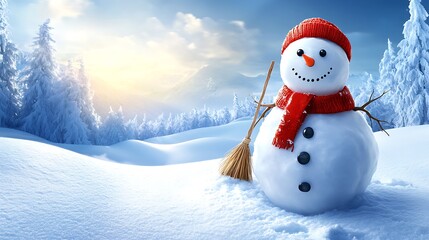 Obraz premium A snowman on a snow-covered hill, with the vast valley below covered in untouched snow. The snowman has a red scarf and twig arms, with one arm holding a small broom. The morning sun is rising,
