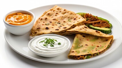 A serving of masala paratha with yogurt and pickles on the side, arranged on a white plate, isolated on white background.-