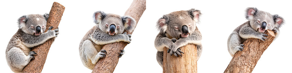Fototapeta premium sleepy koala resting on a tree trunk, isolated on white background