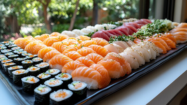 sushi and sashimi spread elegantly arranged on a catering table, inviting guests with its fresh and colorful presentation, symbolizing hospitality, luxury, and cultural fusion