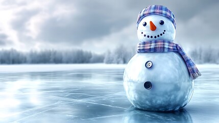 Fototapeta premium A snowman overlooking a frozen lake, its body leaning slightly forward, as if admiring the reflection of the snow-laden landscape.