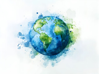 Vibrant Watercolor Illustration of Earth Globe with Green and Blue Continents and Ocean Background