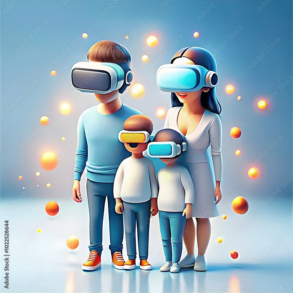 Poster family immersed in virtual reality game with bokeh neon lights - dynamic joyful experience in a phot