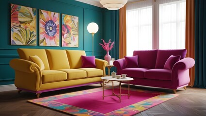 Elegant Living Room Design: Stylish Sofa with Coordinated Decor and Vibrant Carpet