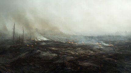 Devastating Wildfire in Forest: Burning Trees, Thick Smoke, and Charred Landscape - Climate Change and Environmental Disaster
