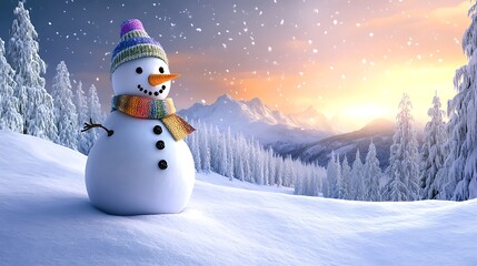 Obraz premium A snowman perched on a snow-covered hilltop, gazing out over a frosty valley with snow-draped trees and distant mountains. The snowman has a carrot nose, a colorful scarf, and a small hat,