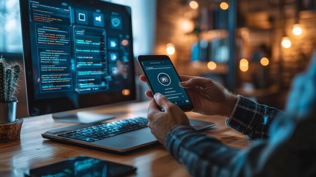 Cybersecurity expert using multi-factor authentication on mobile and desktop devices