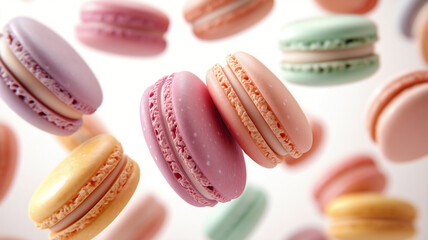 Obraz premium A whimsical scene featuring various colorful macarons floating in mid-air, against a solid white background.
