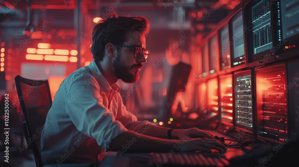 Poster cybersecurity professionals working in a data center with secure systems and firewalls