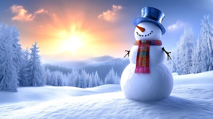 A snowman positioned on a snowy hilltop, overlooking a vast winter landscape with snow-covered forests and distant mountains. The snowman is adorned with a colorful scarf and a top hat,