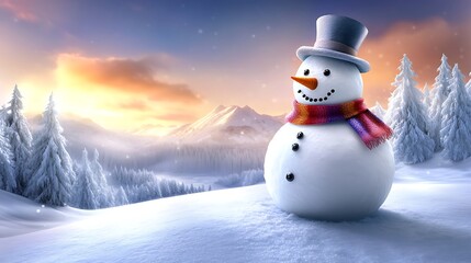 Obraz premium A snowman positioned on a snowy hilltop, overlooking a vast winter landscape with snow-covered forests and distant mountains. The snowman is adorned with a colorful scarf and a top hat,
