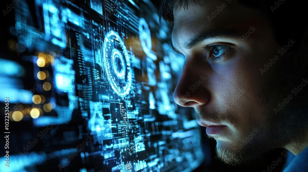 Poster ascertain depicted by a researcher intently examining data on a computer screen, seeking to uncover 