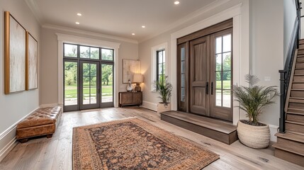Fototapeta premium Elegant entryway with wooden doors and stylish decor elements.