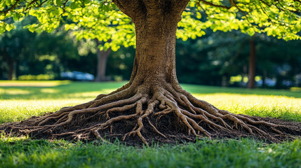 large trees with sprawling roots grounded in lush green grass. The deep roots symbolize stability, strength, and resilience, connecting nature to life's enduring growth