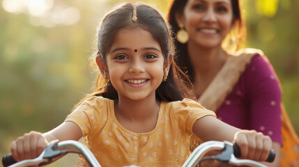 mother teaching cycle to her daughter