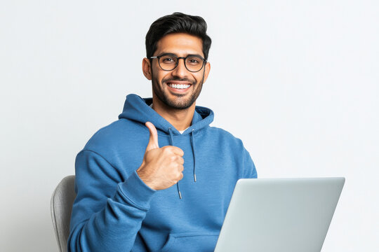 young indian man holding laptop and showing thumps up