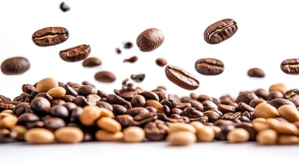 Obraz premium A dynamic arrangement of various coffee beans, showcasing their textures and colors.