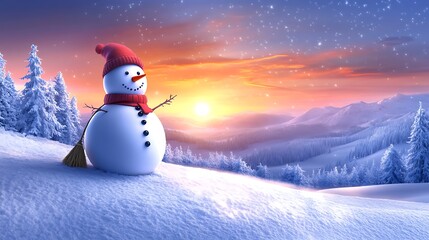 Fototapeta premium A snowman sitting at the edge of a snowy hill, overlooking a wide valley at sunset. The snowman is wearing a red scarf and holding a small broom, with the sky ablaze in vibrant oranges and pinks.