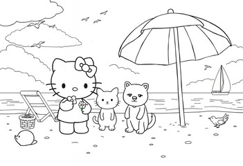 Cute Kitty Friends Enjoying a Beach Day Coloring Page