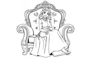 Obraz premium Elegant Woman Sitting in Ornate Chair Line Art Illustration