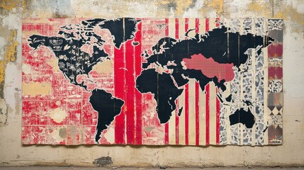 A stylized world map showcasing various regions in contrasting colors and patterns.