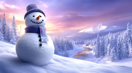 Fototapeta premium A snowman standing alone on a snowy hill, gazing down at a valley filled with snow-covered trees and frozen rivers. The snowman is wearing a scarf and mittens,