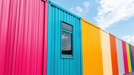 Fototapeta premium Colorful Shipping Containers with a Window Reflecting the Sky