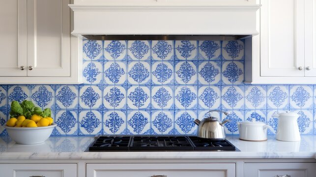 backsplash blue and white tiles