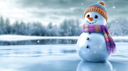 Fototapeta premium A snowman standing by a serene frozen lake, wearing a colorful knitted hat and scarf, with small snowflakes gently falling. The lake reflects the snow-covered trees and overcast sky,