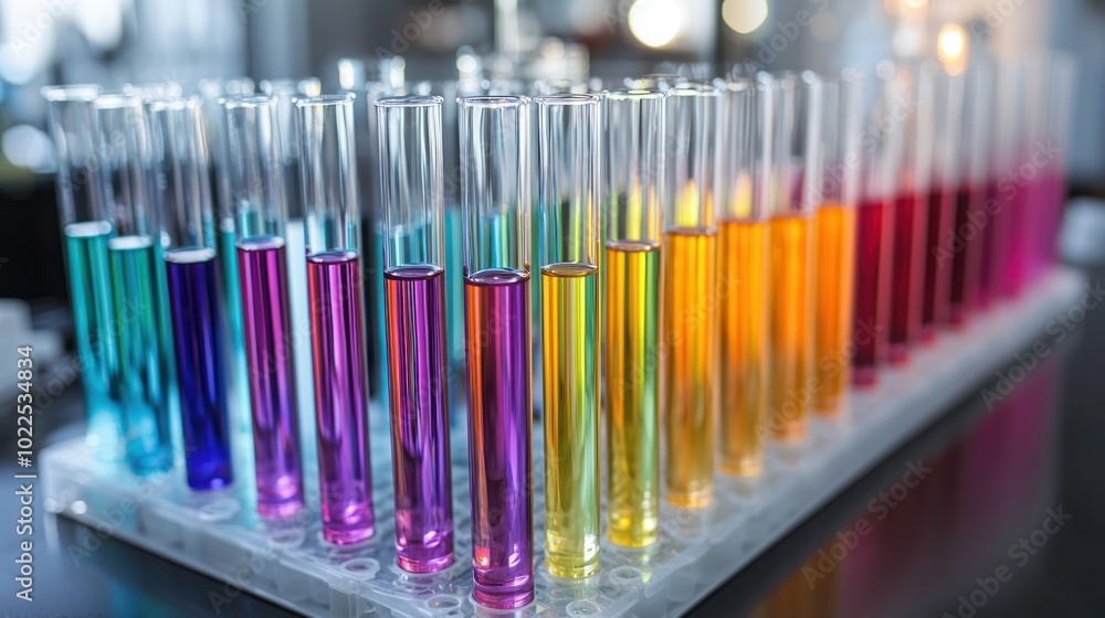 Aufkleber an array captured in a laboratory setting, with a range of test tubes filled with colorful liquids f