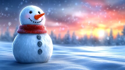 Fototapeta premium A snowman standing in an open field, backlit by a breathtaking winter sunset. The snowman has a carrot nose and a red scarf, with snowflakes gently falling around it.