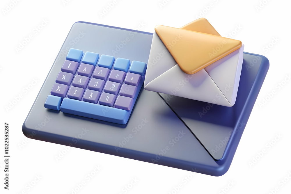 Poster plain background with envelope and keyboard: a softly lit work from home concept image with generous
