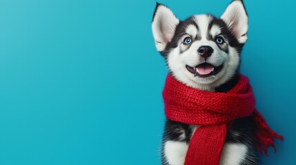 an adorable husky puppy wearing a red scarf - studio portrait on blue background
