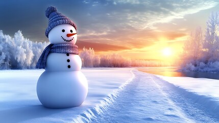Obraz premium A snowman standing on a snow-covered path, with the brilliant colors of a sunset spreading across the sky. The snowman’s hat and scarf are gently illuminated by the soft light,