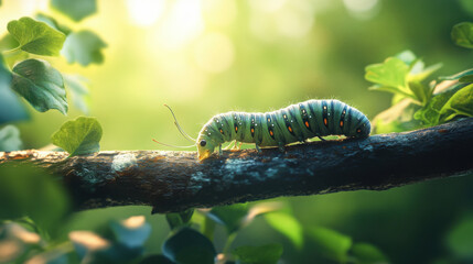 A caterpillar crawling on a twig with a background of lush greenery