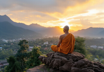Fototapeta premium A monk with no hair in meditates on the top of a mountain