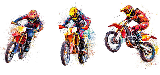 Obraz premium three set of Vibrant colorful motocross rider with artistic designs isolated transparent background