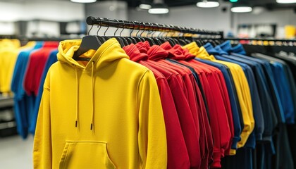 A display of colorful hoodies arranged on hangers in a retail store, showcasing various vibrant options for customers.