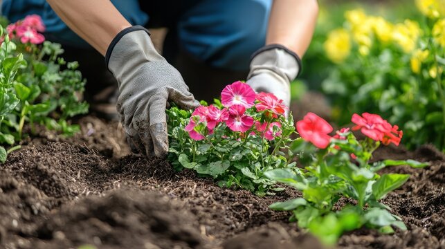 ardent commitment shown by a volunteer tirelessly working in a community garden, planting flowers and nurturing the soil